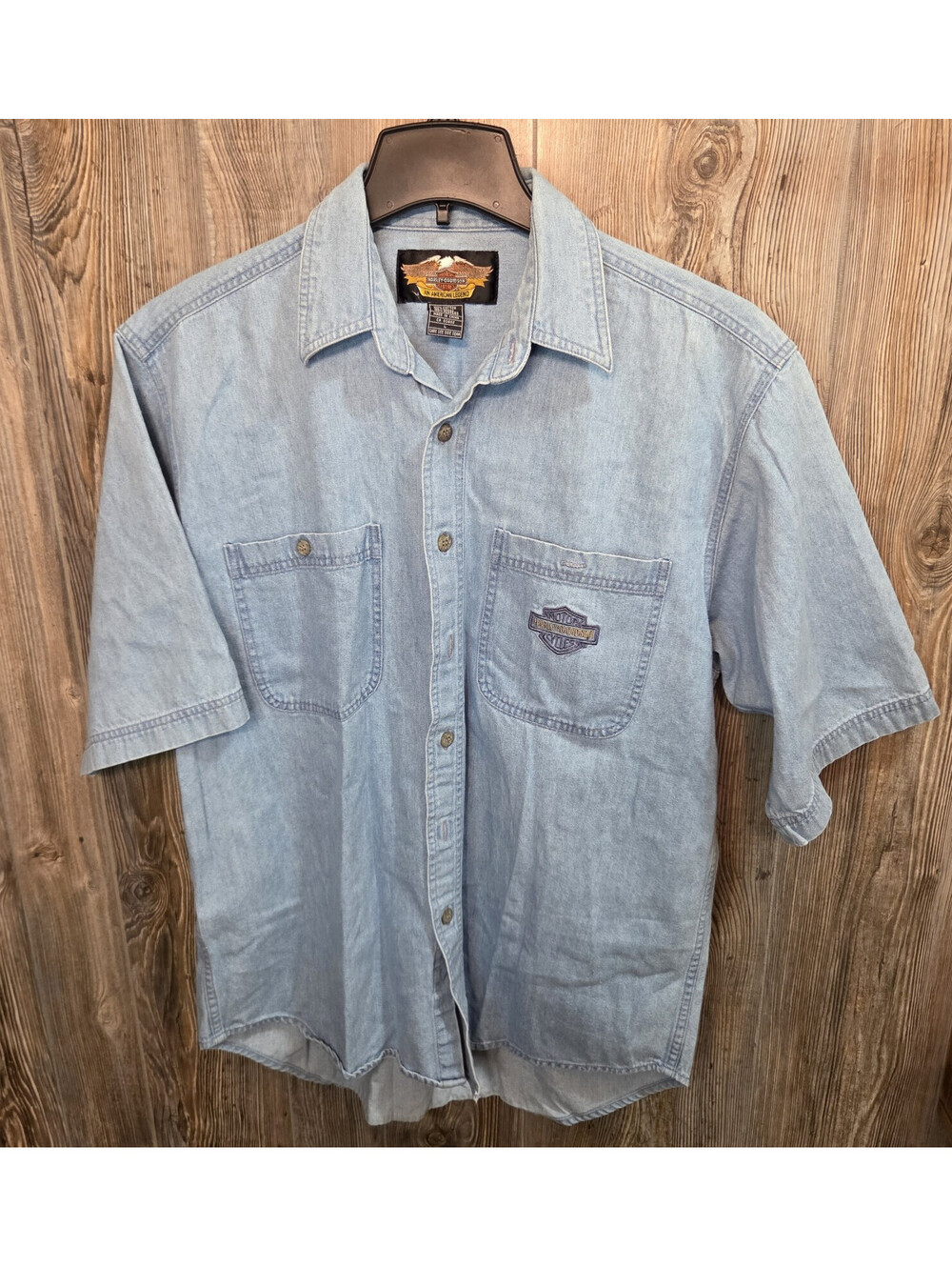 Harley-Davidson Genuine MotorClothes Blue Denim Embroidered S/S Button Shirt Lrg